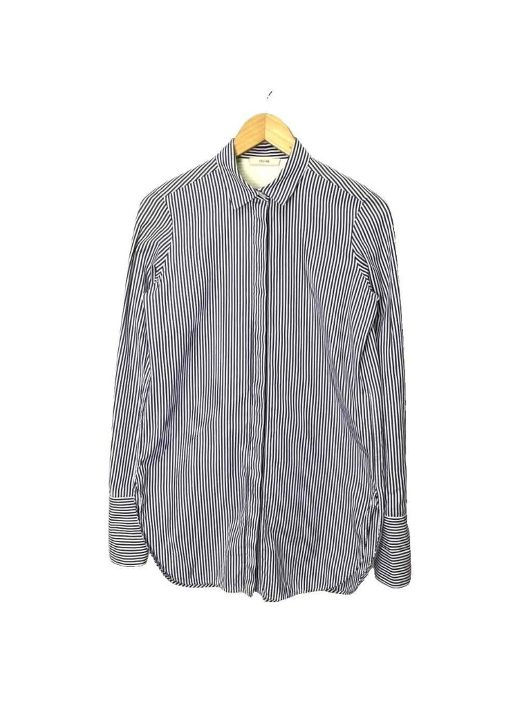 Celine Stripe Shirt Blouse Wing Button Side Slit Long Sleeves 38 Navy Blue